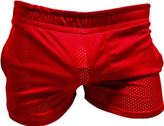 Red athletic sports mesh short made of breathable mesh fabric with elastic waistband for active wear