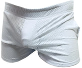 White mesh athletic shorts with a snug form-fitting design ideal for sports and active wear