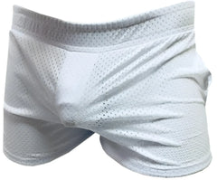White mesh athletic shorts with a snug form-fitting design ideal for sports and active wear