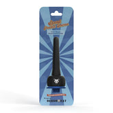 Black plastic 2-in-1 spout pocket enema shower bottle with cat face emblem packaged in blue cardboard box