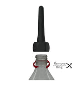 Black plastic spout pocket enema bottle cap with tapered spout and hexagonal base for easy dispensing