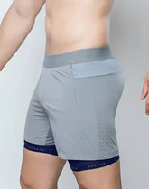 Gray spr flex short athletic shorts with mesh waistband navy blue trim and perforated breathable panels