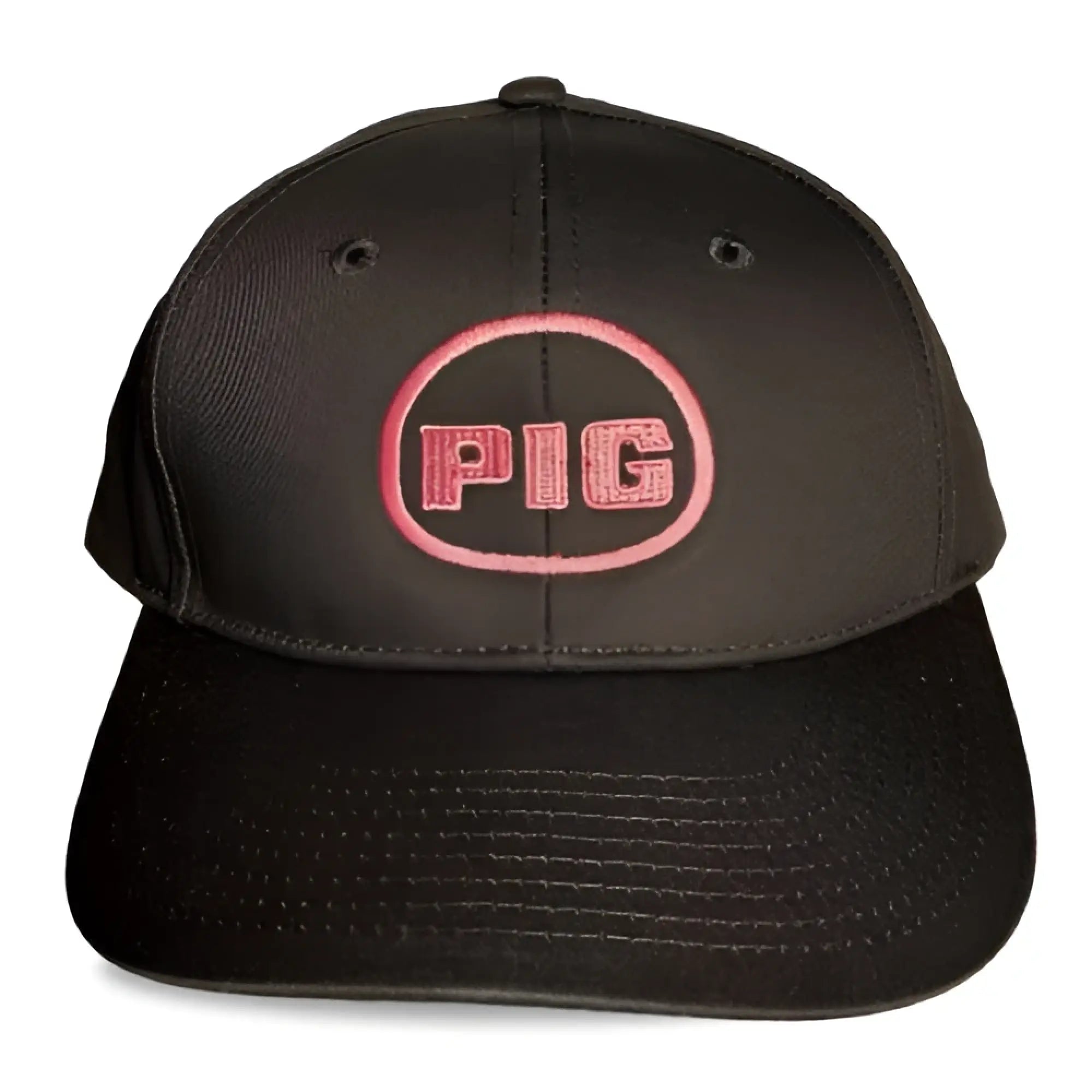 Black snapback cap with pink embroidered pig logo in a circular design spunky monkee cap pig model