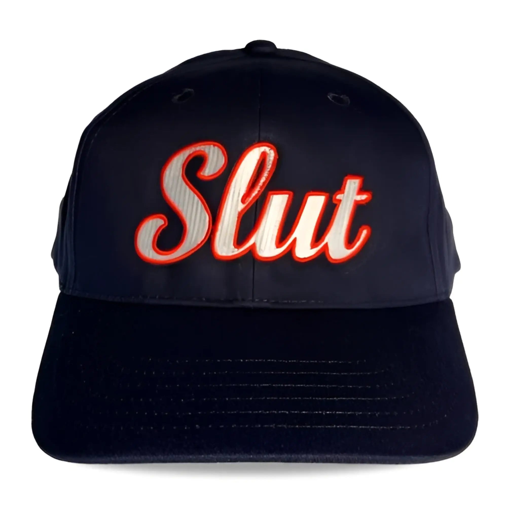 Black cotton spunky monkee cap embroidered with slut in red and white thread on the front panel