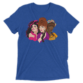 Blue heathered t-shirt featuring a vibrant graphic of three stylized drag queens titled squad goals