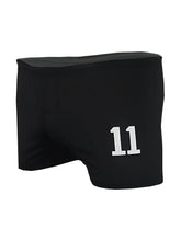Black square trunk athletic shorts with white 11 number embroidered on the front for sports and casual wear