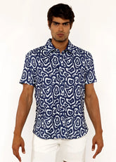 A navy blue short-sleeved squiggly print open knit shirt with a white abstract pattern for casual wear