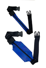 Blue athletic running belt with black adjustable straps and zipper closure for hands-free storage and comfort