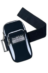 Black neoprene arm bag with white reflective stripes silver zipper pulls and xsstricks logo patch on the front