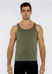 Olive green textured knit tank top with subtle wavy pattern made from breathable knit fabric