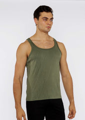 Olive green ribbed tank top with subtle wavy textured knit fabric in a sleeveless design for casual wear