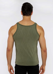 Olive green ribbed tank top with subtle wavy texture made from textured knit fabric for casual wear