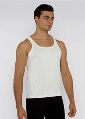 A white ribbed knit tank top with a scoop neckline and wide shoulder straps in textured knit fabric