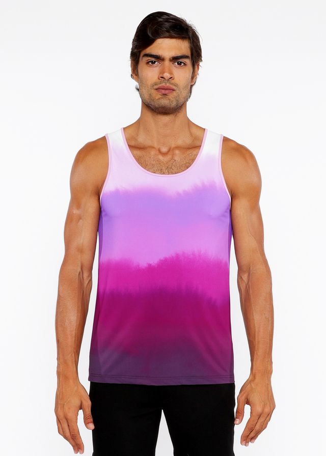 A man wearing a gradient stretch mesh tank top with smooth purple hues transitioning from lavender to deep magenta