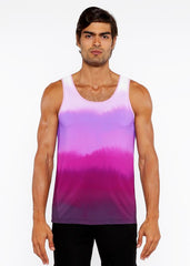 A man wearing a gradient stretch mesh tank top with smooth purple hues transitioning from lavender to deep magenta