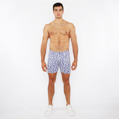 Blue floral-patterned men’s jaquard stretch knit shorts showcasing breathable fabric and comfortable fit