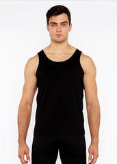 Black sleeveless tank top with circle spine laser cut detail made of stretch jersey fabric for comfortable wear