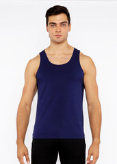 Navy blue sleeveless tank top in stretch jersey with circle spine laser cut detail for comfortable wear