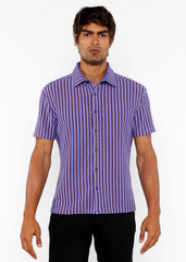 Purple and dark purple vertical stripe open stretch knit short-sleeved button-up shirt with front view