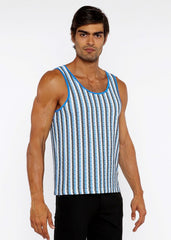 Blue and white striped open knit tank top with ribbed neckline made from breathable knit fabric