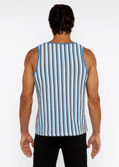 A men’s sleeveless stripes open knit tank top with light blue dark gray white vertical stripes and bright blue trim