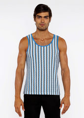 Blue and white striped knit tank top with ribbed neckline in open knit design for casual summer wear