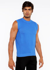 Bright blue ribbed knit sleeveless top made from textured open knit fabric for stylish layering and comfort