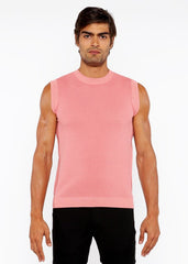 Textured open knit vest pink ribbed knit sleeveless top with round neckline and neatly finished hem