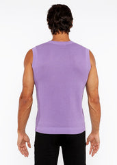 A lavender ribbed knit sleeveless textured open knit vest with a crew neckline perfect for layering