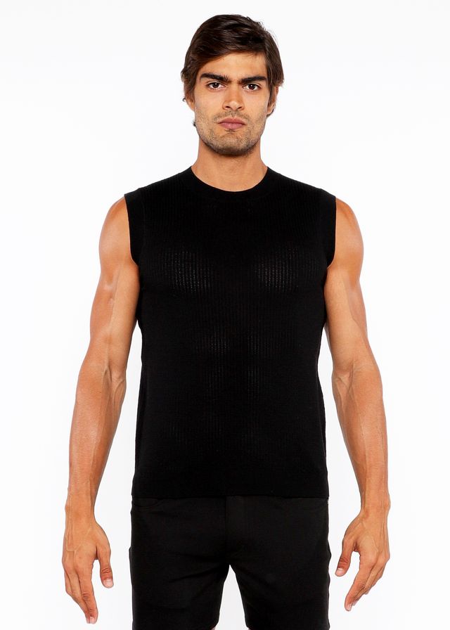 Black sleeveless textured open knit vest with ribbed texture and crew neckline made from knit fabric