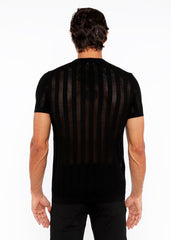 Black textured open knit crew tee with vertical ribbed texture short sleeves knit fabric