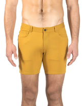 Mustard yellow st33le stretch knit athletic shorts with black button closure honey gold size 29