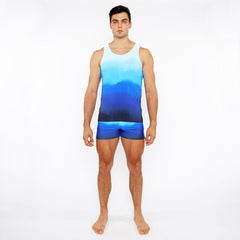 Blue gradient tank top with smooth printed fabric design featured in gradient printed swim short collection