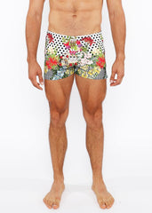 Dots abstract printed swim shorts featuring vibrant floral and polka-dot patterns in white red green and black