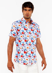 Floral 3d print stretch knit shirt in white with vibrant red blue and purple floral pattern and short sleeves
