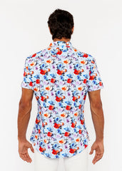 Floral 3d print stretch knit shirt vibrant short-sleeved men’s shirt with red orange blue purple floral pattern on light blue