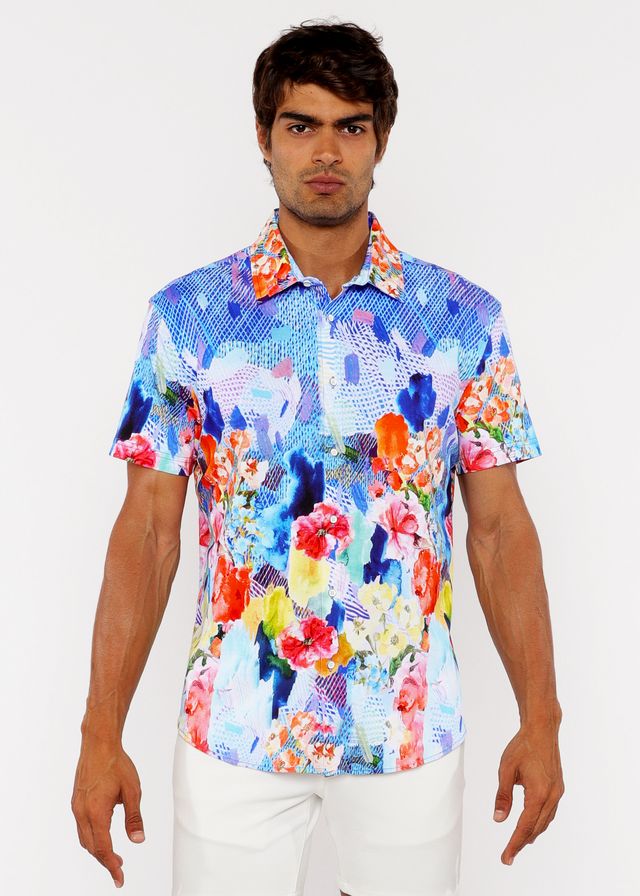 Vibrant floral abstract short-sleeved woven modal shirt with bold blue red orange and yellow pattern