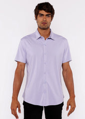 A light lavender stretch knit shirt with short sleeves classic collar and neat stitching for comfortable wear
