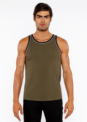 Olive green rib stretch ringer tank top with black and white piping detail for casual wear
