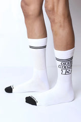 Starter crew socks white athletic socks with black toe caps stripes and bold cell block 13 graphic in black letters