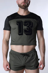 Starter mesh crop top in olive green with black short sleeves and a bold 13 graphic on the chest