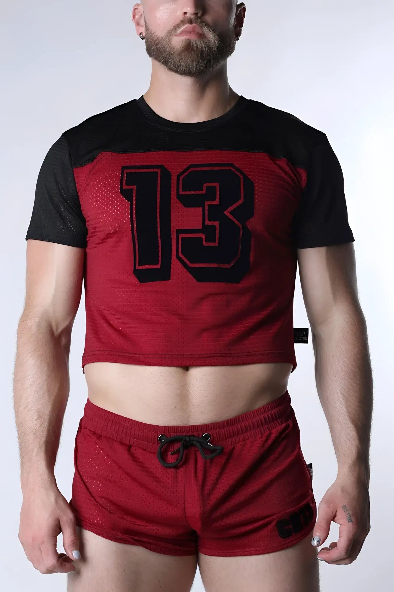 Starter mesh crop top in red and black with breathable fabric and bold 13 graphic outlined in red and black
