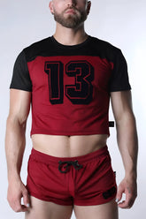 Starter mesh crop top in red and black with breathable fabric and bold 13 graphic outlined in red and black