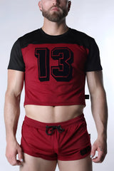 Starter mesh crop top in red and black with breathable fabric and bold 13 graphic outlined in red and black