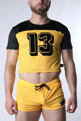 Starter mesh crop top in yellow with black sleeves and a bold 13 number in black outlined in yellow