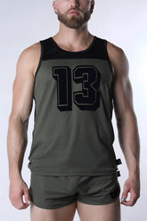 Olive green starter mesh tank top with black number 13 and matching shorts made of breathable fabric