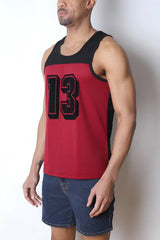 Starter mesh tank top in red and black textured knit fabric with bold 13 numerals across the chest