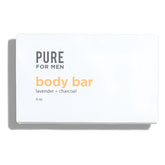 White rectangular box for pure for men lavender and charcoal body bar stay ready bar 4 oz with product details on back