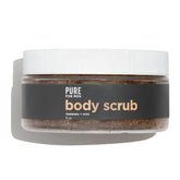 A clear jar with a white lid contains brown granular body scrub labeled pure for men in stay ready scrub product