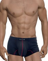 Dark navy blue stitch big boy pouch boxer brief with red stitching mesh panel and wildman logo on waistband
